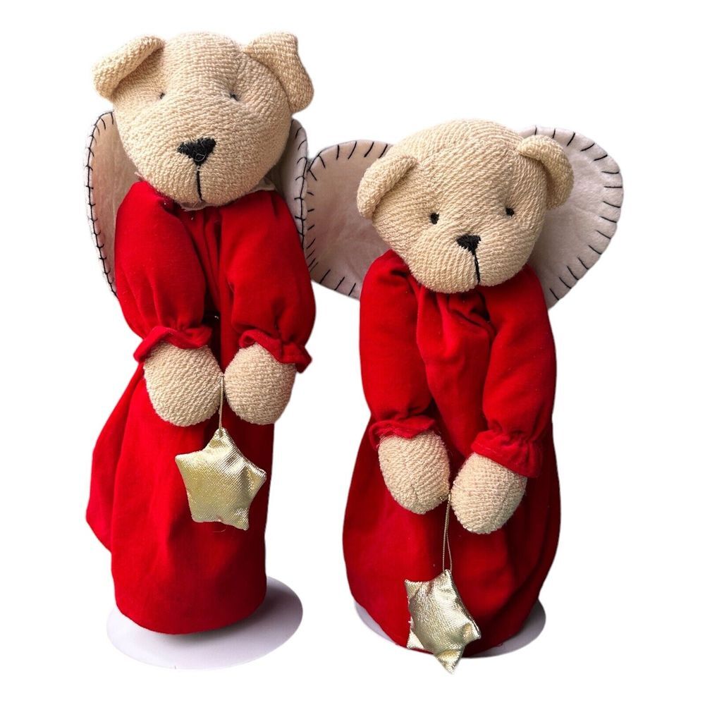 Vintage Angel Teddy Bear Plush Stuffed Animal 11 Inch Red Dress Stand Set of 2